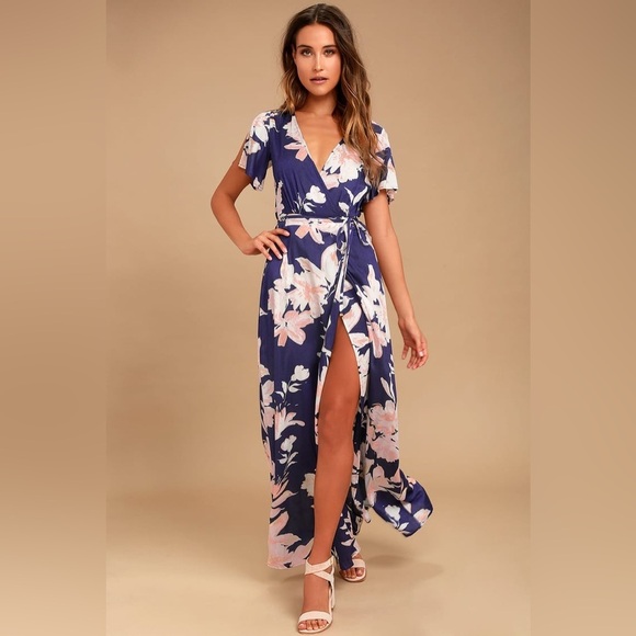 Lulus Azalea Regalia Navy Blue Floral Print Wrap Women's Maxi Dress XS - Picture 1 of 16